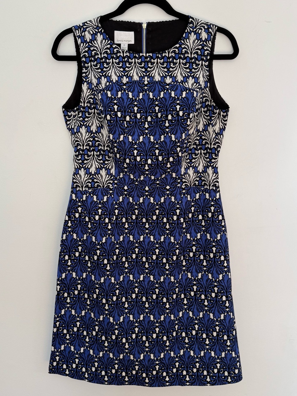 Donna Morgan Dress 6 Blue Black Damask Baroque Sheath Sleeveless Gold Zip Lined